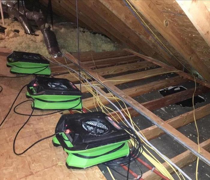 Air movers drying attic after water damage
